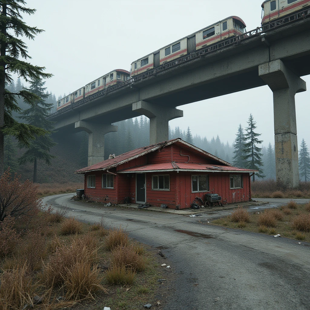  a screenshot of a location in a videogame  the image of the scene consists of:  [above-ground train freeway partially collapsed], a red 1980's construction wooden motel painted red, surrounded by war-torn pollution wreckage, wooded area emoji