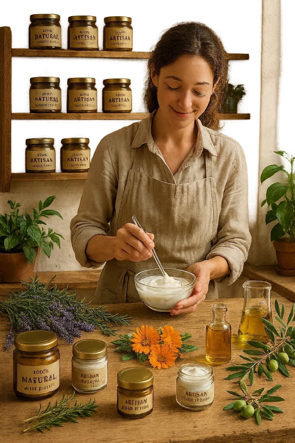 A realistic, high-quality photo of a small artisan skincare laboratory in Italy, with wooden shelves displaying beautifully packaged glass jars of natural creams made with herbal and botanical extracts, olive oil, and essential oils, clearly labeled ‘100% Natural’ and ‘Artisan Made in Italy’. The scene includes a bright, sunlit rustic workspace with plants, fresh lavender, rosemary, calendula flowers, and olive branches on the wooden counter, symbolizing purity and nature. A female artisan in a linen apron is carefully mixing creams in a glass bowl, smiling softly. The environment feels warm, authentic, and eco-friendly, emphasizing the concept of handcrafted skincare without synthetic chemicals emoji