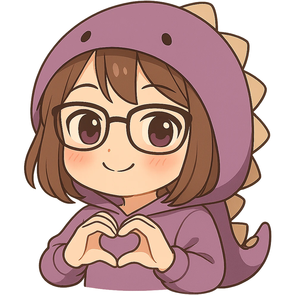 Chibi anime style gamer girl with glasses, brown hair, dark purple eyes, wearing a purple dinosaur costume, making a heart with her hands, blushing expression, no controller, no background, same style as reference. emoji