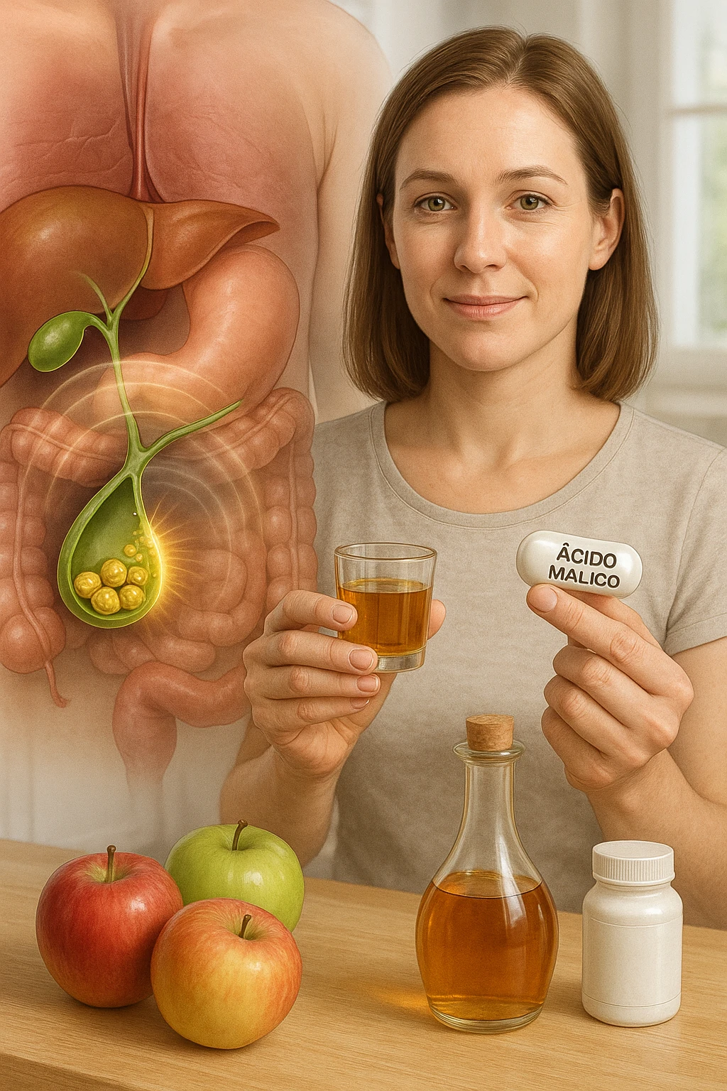 A detailed, realistic illustration or photo-style image showing a person holding a small glass of apple cider vinegar in one hand and a capsule labeled ‘Acido Malico’ in the other. In the foreground or as an overlay, a semi-transparent anatomical view of the abdomen highlights the gallbladder with visible small gallstones inside. Around the gallstones, gentle glowing waves or soft dissolving effects symbolize the softening or breakdown of the stones due to the natural acids. The person looks hopeful and calm, in a bright kitchen setting with fresh apples and natural health products on the counter. The overall mood is informative, natural, and hopeful about non-invasive, natural support for gallstone health emoji