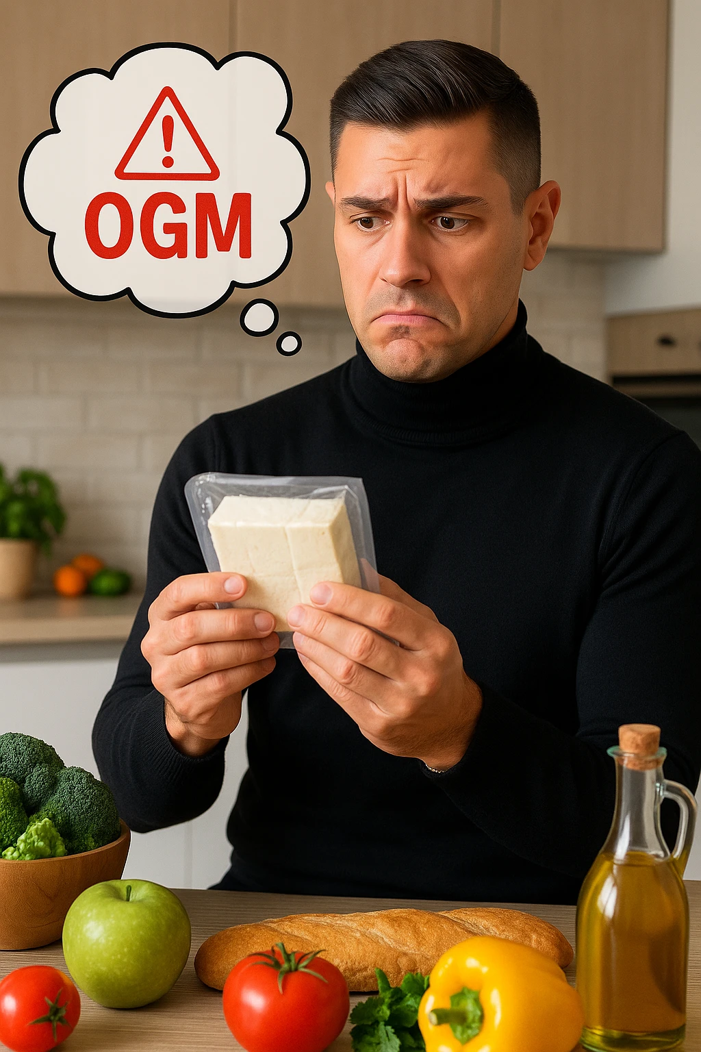 un uomo in cucina tiene in mano una confezione di soia o tofu, osservandola con un’espressione scettica e preoccupata. Sopra la confezione, una nuvoletta di pensiero mostra la scritta “OGM” evidenziata in rosso, accompagnata da un simbolo di allarme o un punto interrogativo. Sullo sfondo, altri alimenti naturali sono visibili sul tavolo, sottolineando la sua preferenza per prodotti non OGM. emoji