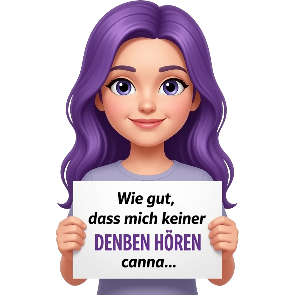 girl with long purple hair holding a Wie gut, dass mich keiner DENKEN HÖREN kann... sign emoji