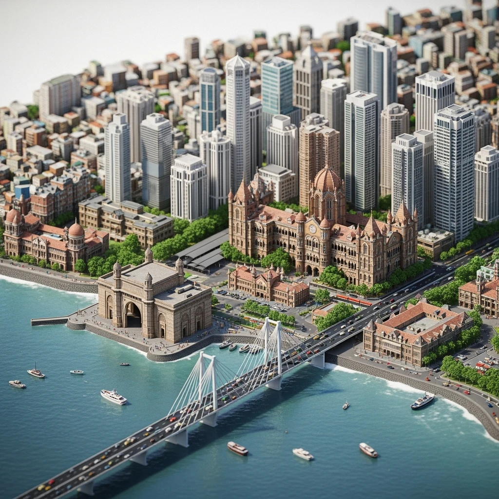 Isometric miniature of Mumbai city, featuring iconic landmarks like Gateway of India, Bandra-Worli Sea Link, Chhatrapati Shivaji Terminus,  clustered high-rises and skyscrapers, 3D miniature effect and Tilt Shift effect, no cartoonish look, transparent background. emoji