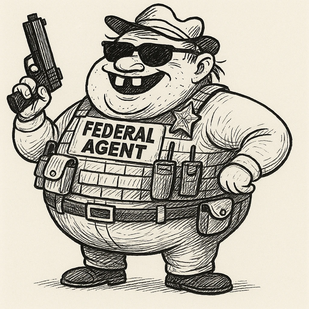 Add dark sunglasses and a shiny badge to the large, round federal agent. Keep the snug tactical vest, loaded gear, buck teeth, and silly hillbilly look. emoji