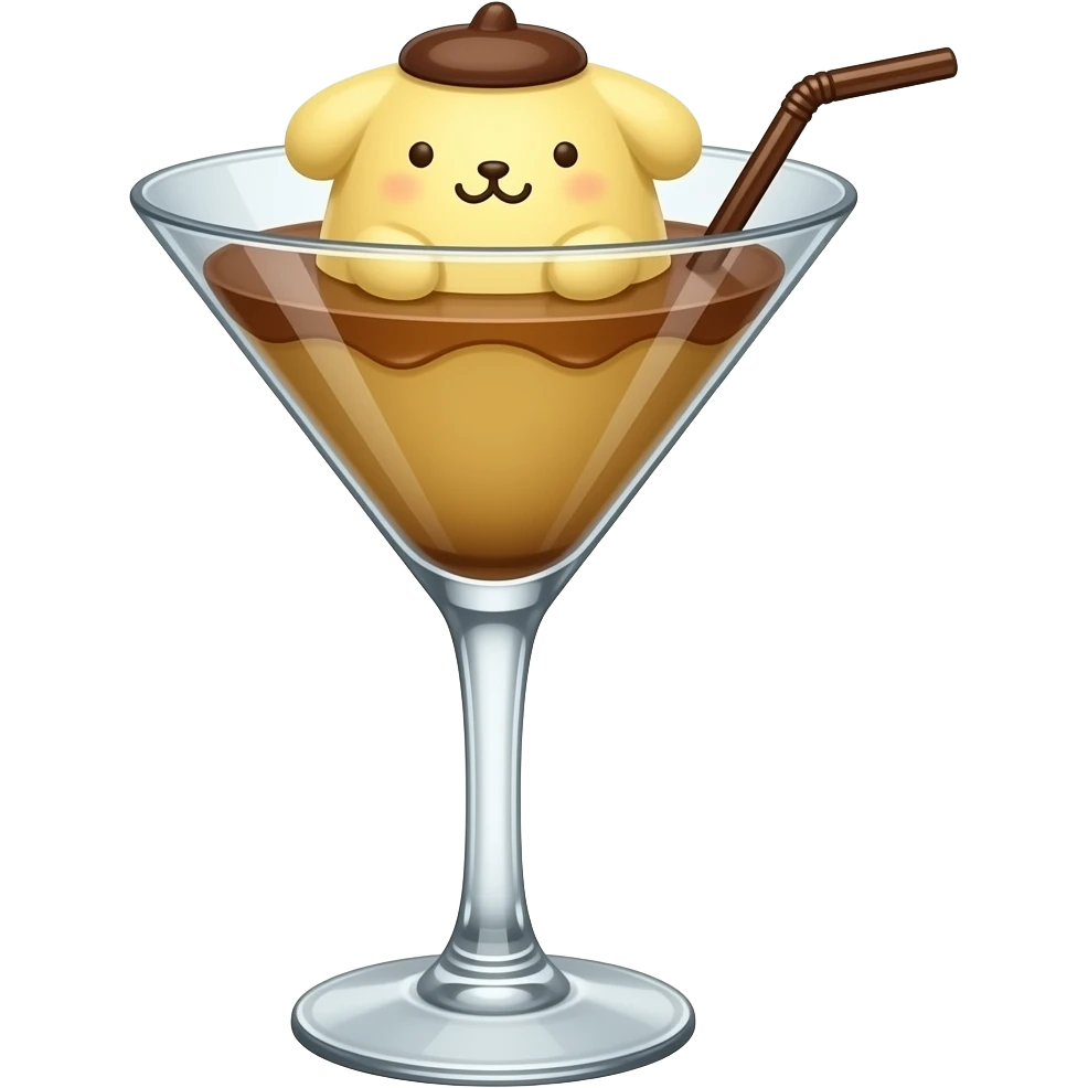 pompompurin the sanrio character themed yellow and brown colored cocktail in martini glass with actual illustration of pompompurin as a garnish theme of pudding emoji
