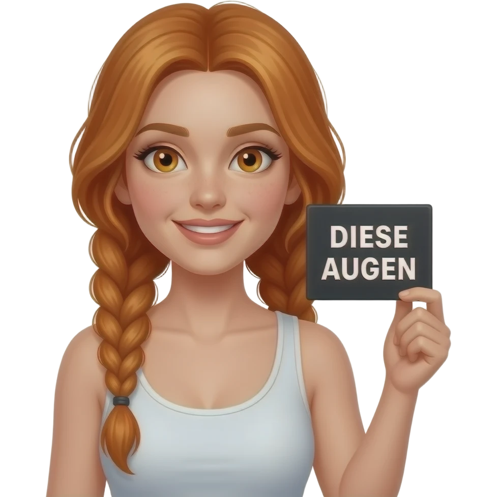sexy girl with long ginger braids and ginger eyes wearing a white tanktop is holding a black sign with DIESE AUGEN... written on it emoji
