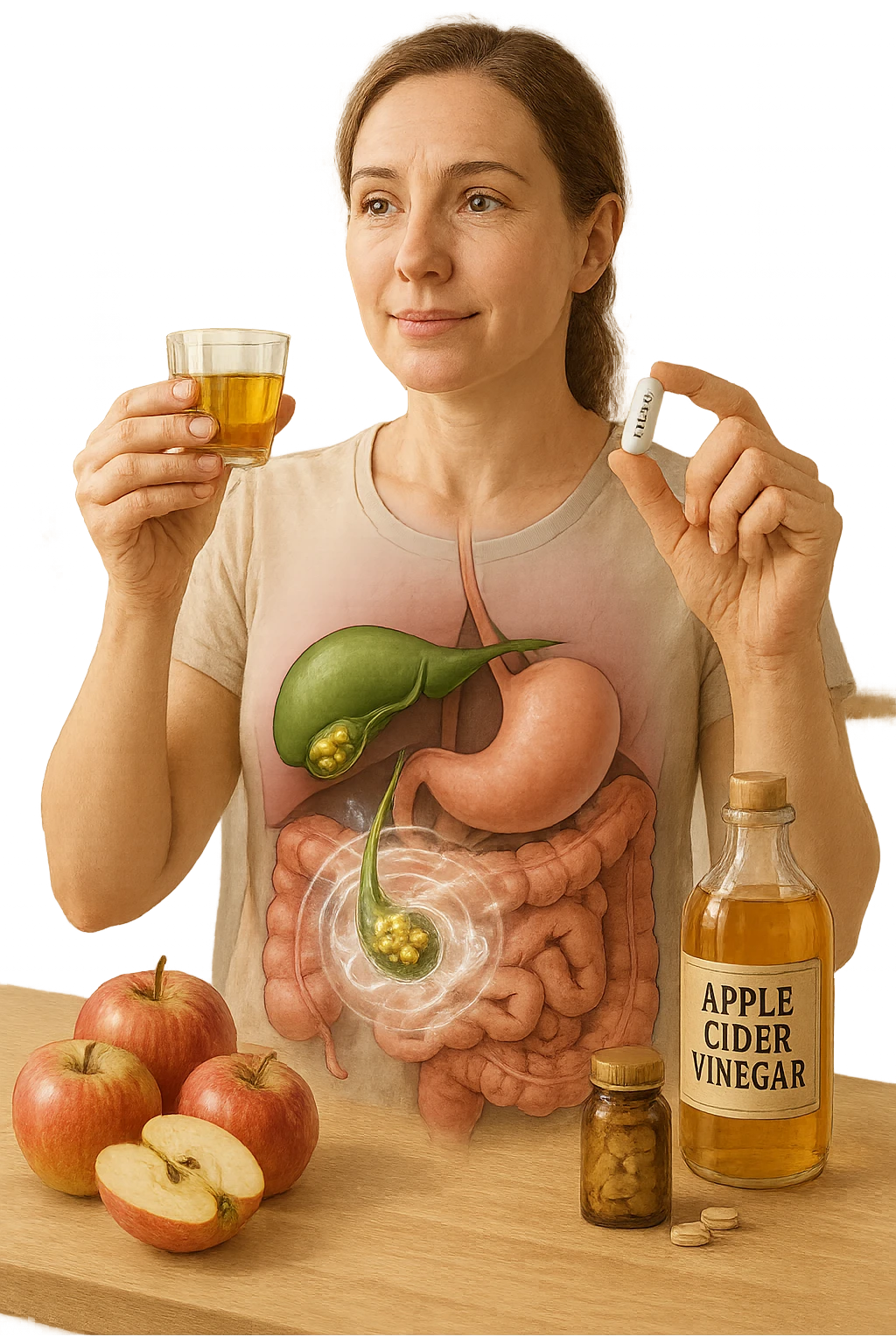A detailed, realistic illustration or photo-style image showing a person holding a small glass of apple cider vinegar in one hand and a capsule labeled ‘Acido Malico’ in the other. In the foreground or as an overlay, a semi-transparent anatomical view of the abdomen highlights the gallbladder with visible small gallstones inside. Around the gallstones, gentle glowing waves or soft dissolving effects symbolize the softening or breakdown of the stones due to the natural acids. The person looks hopeful and calm, in a bright kitchen setting with fresh apples and natural health products on the counter. The overall mood is informative, natural, and hopeful about non-invasive, natural support for gallstone health emoji