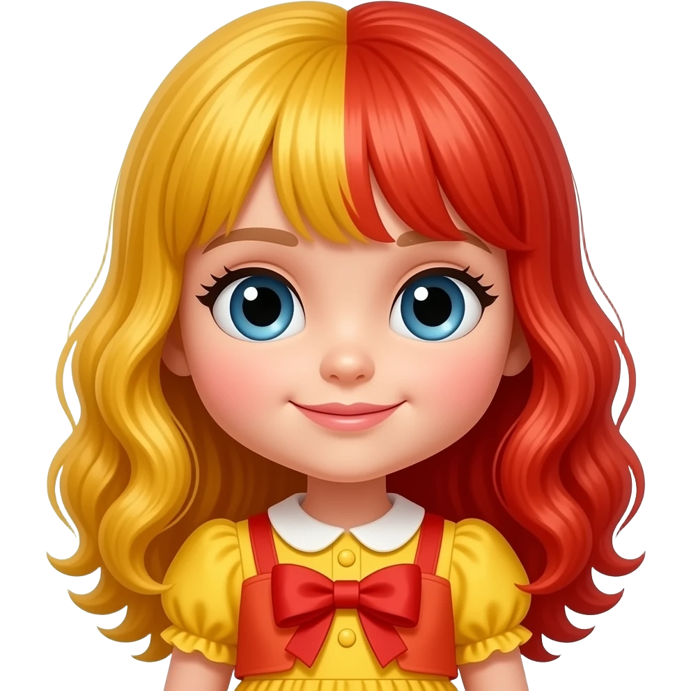 Boneca Emília com vestido amarelo e vermelho, cabelos amarelo com vermelho como se fosse náilon emoji