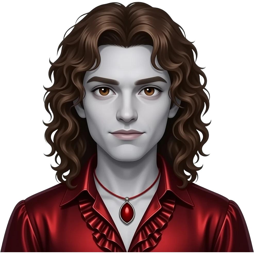 Nicolas from The Vampire Chronicles with pale-grey skin, dark brown eyes, long curly chestnut brown hair, blood red metallic ruffle shirt, red necklace emoji