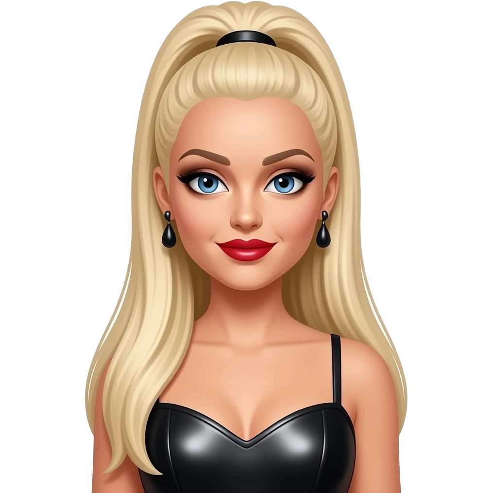Kimberly Wyatt from The Pussycat Dolls with blue eyes, long blonde straight high ponytail hair, black eyeshadow, red lipstick, black metallic sweetheart dress, earrings emoji
