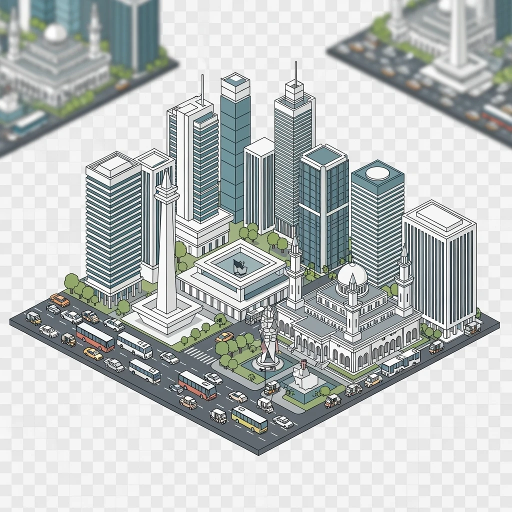 Isometric minimalistic illustration of Jakarta Monas (National Monument), Istiqlal Mosque, skyscrapers of Sudirman CBD, bustling streets with traffic and tuk-tuks, subtle 3D miniature effect and Tilt Shift effect, no cartoonish look, transparent background. emoji