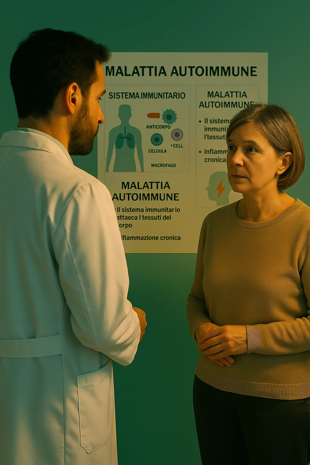 Realistic, detailed photo taken from behind of one doctor e un paziente —a bearded man and a middle-aged woman—standing and facing each other as they discuss an autoimmune disease diagnosis in front of a medical chart that displays information about the immune system and autoimmune conditions. The scene is illuminated by a yellowish, orange, warm light that softly envelops the doctors. The entire room is bathed in a single green-blue color, creating a cohesive and modern atmosphere. Both doctors wear white coats, and their body language suggests a serious, professional conversation about the complexities of autoimmune diseases. Shot with a Canon EOS R5, with high detail and natural depth of field. scritto in italiano emoji