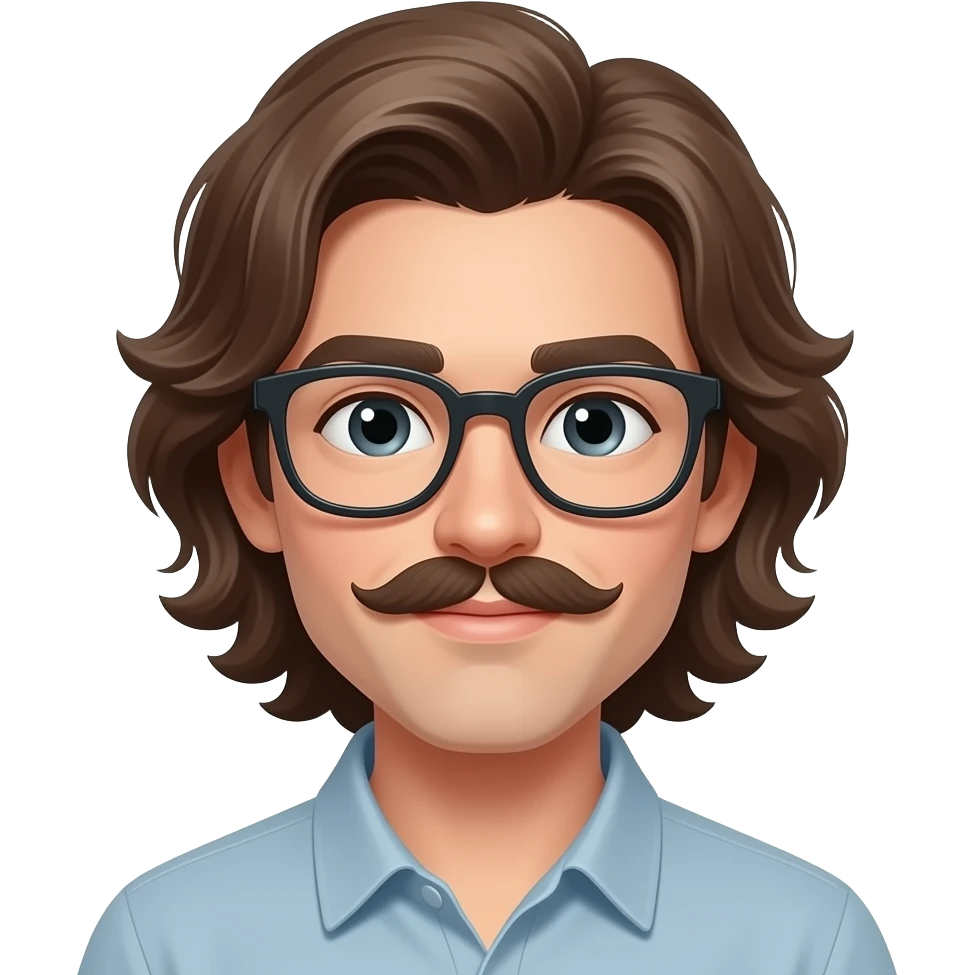 a young guy wear a glasses and long hairs with side puff like a celeberity and long mostache emoji