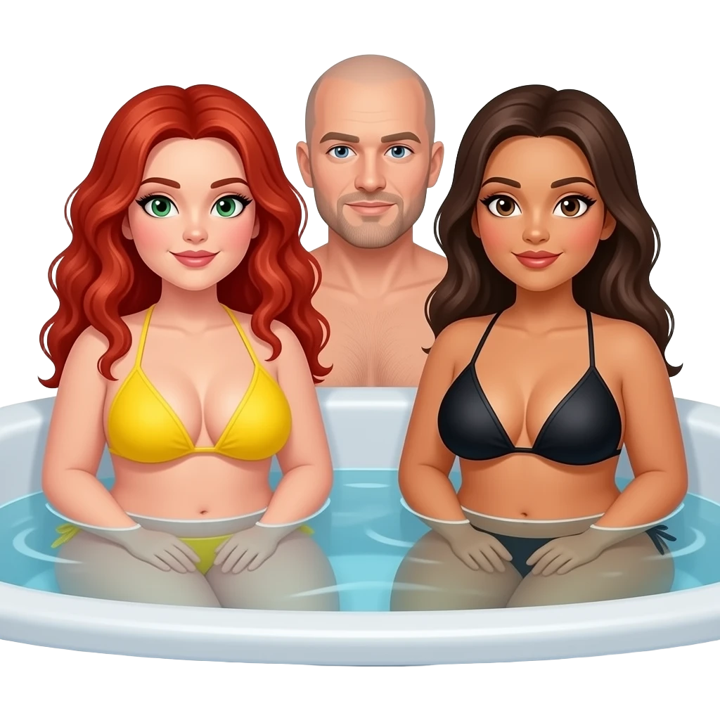 2 very curvy women, 1 redhead with long curly hair, green eyes in a yellow bikini, 1 brunette with black bikini,  and 1 man bald with light goatee, sitting  in a hot tub emoji