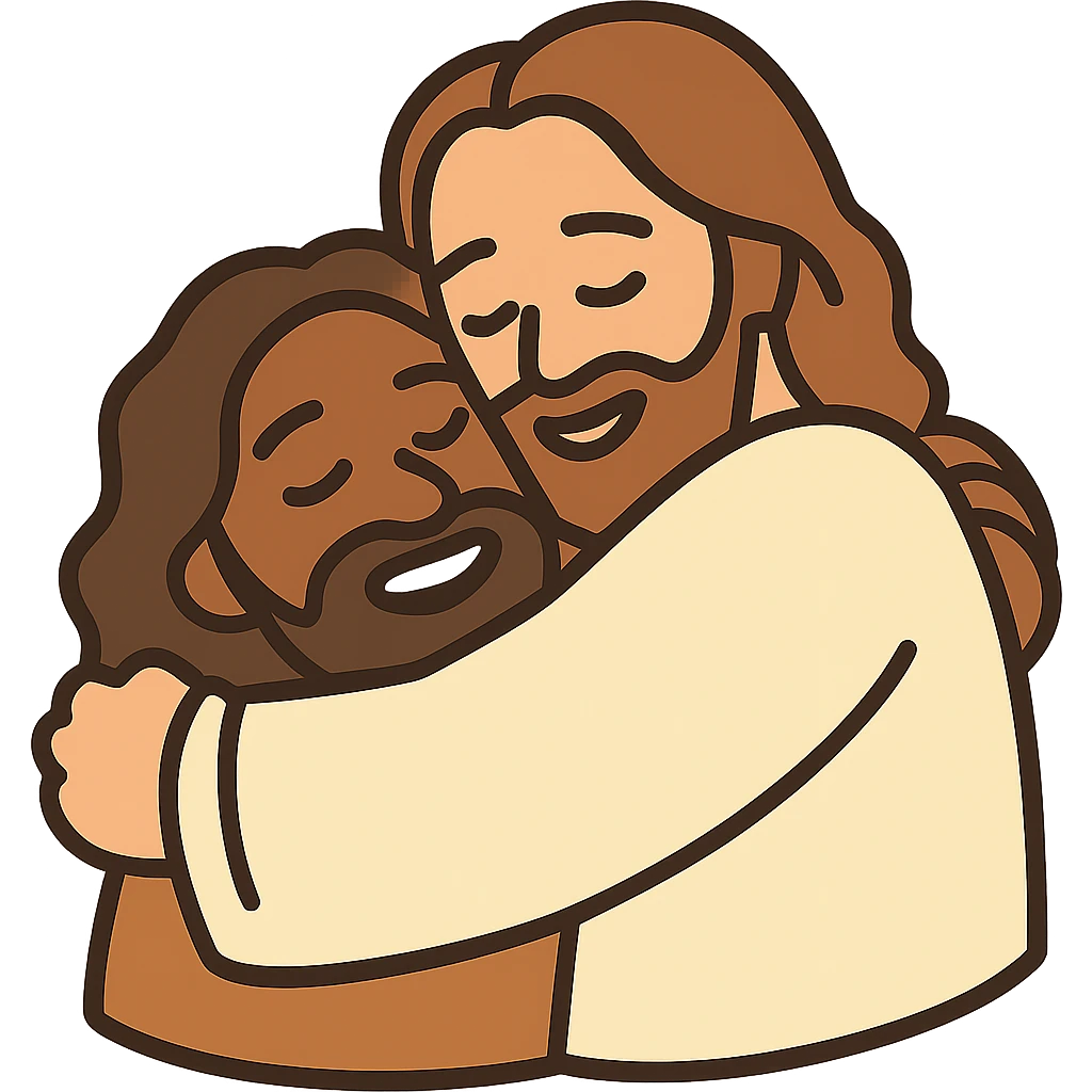 Edit the image of Jesus hugging a person in a basic emoji style with flat colors and simple faces. The image should convey a warm feeling. The background should be transparent. The style should resemble simple emoji art with flat colors and a warm atmosphere. emoji