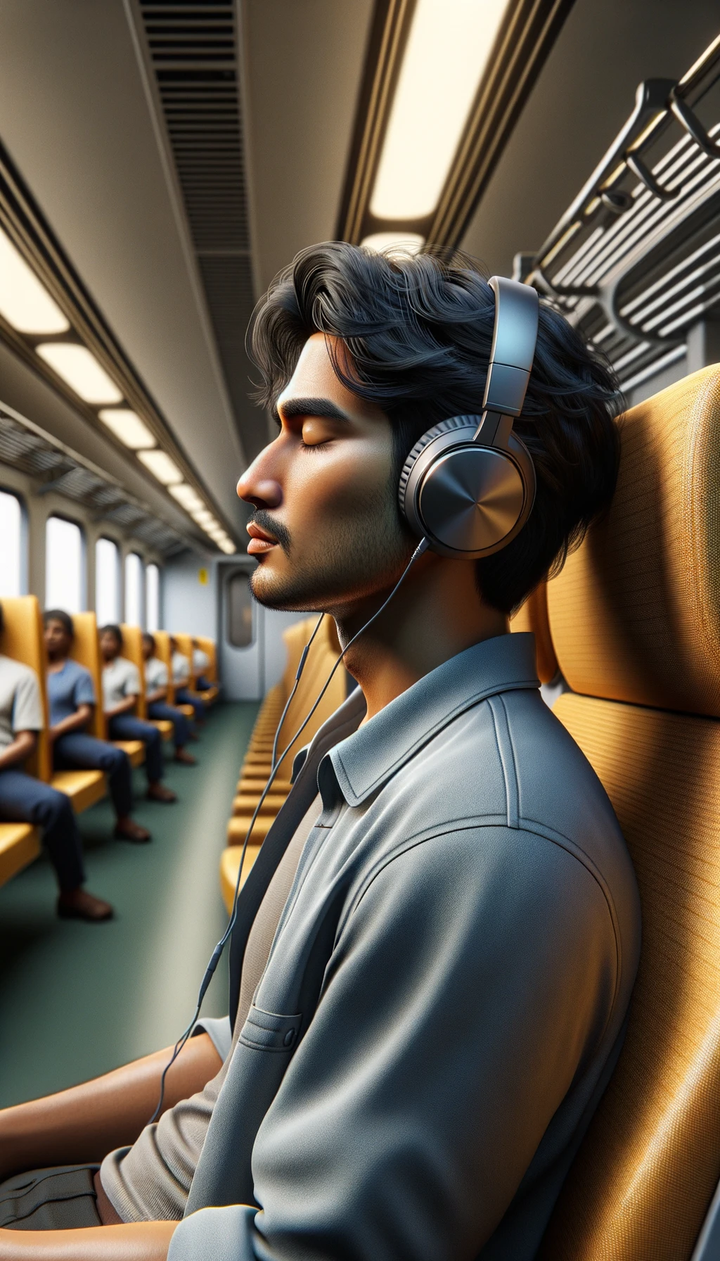 UOMO che ASCOLTA MUSICA CON LE CUFFIETTE BLUETOOTH NELLE ORECCHIE E GLI OCCHI CHIUSI SEDUTO SUL SEDILE DI UN TRENO, sullo sfondo L'INTERNO DELLA CABINA DI UN TRENO con toni chiari neutri, iperrealistico 4k emoji