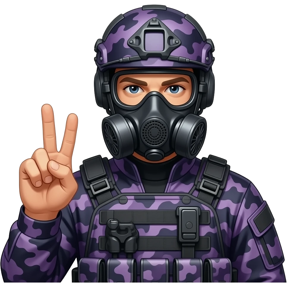 Man with two middle fingers in dark purple camoflage tactical gear helmet full face dark purple gasmask emoji