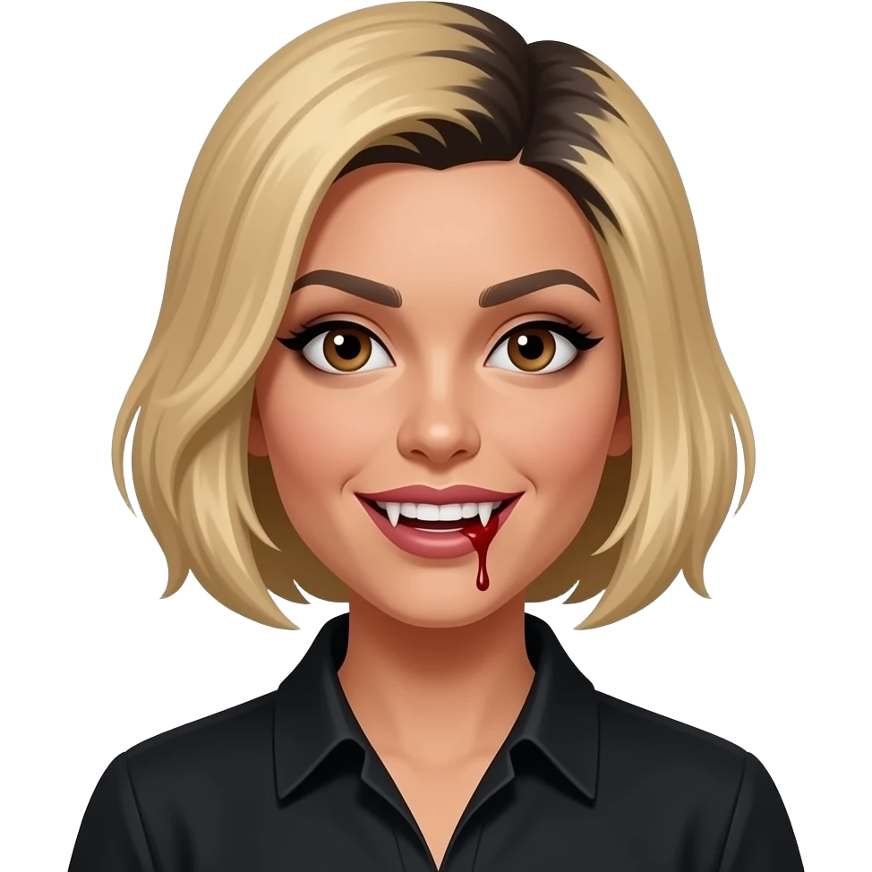 women blond medium short hair to the side with black roots, light black skin, brown eyes, black shirt,  dracula teeth with blood on the fangs emoji
