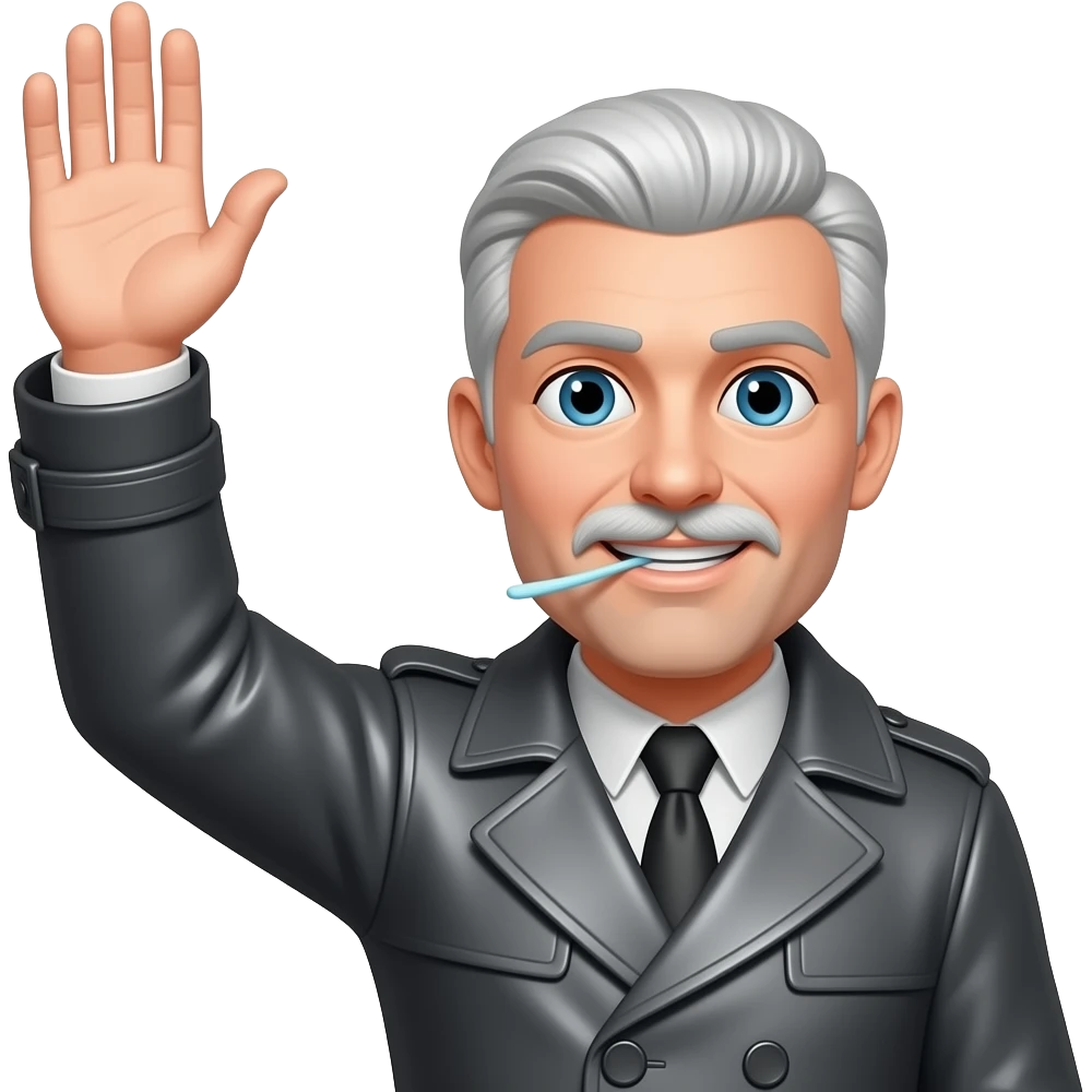 White male with slick hair a Toothbrush moustache with a grey leather coat raising his hand high emoji