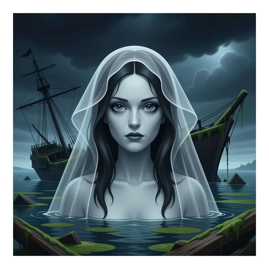 cinematic realistic - a broken boat with a terrifying female apparition around which a transparent veil flutters hovers over a wrecked boat covered in algae emoji