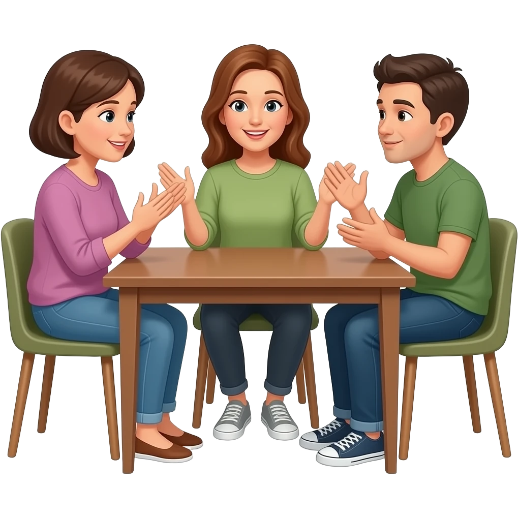 Dialogue between two adults and a teenager sitting at the table at home looking at each other in a conversational mood, hands moving, faces speaking emoji