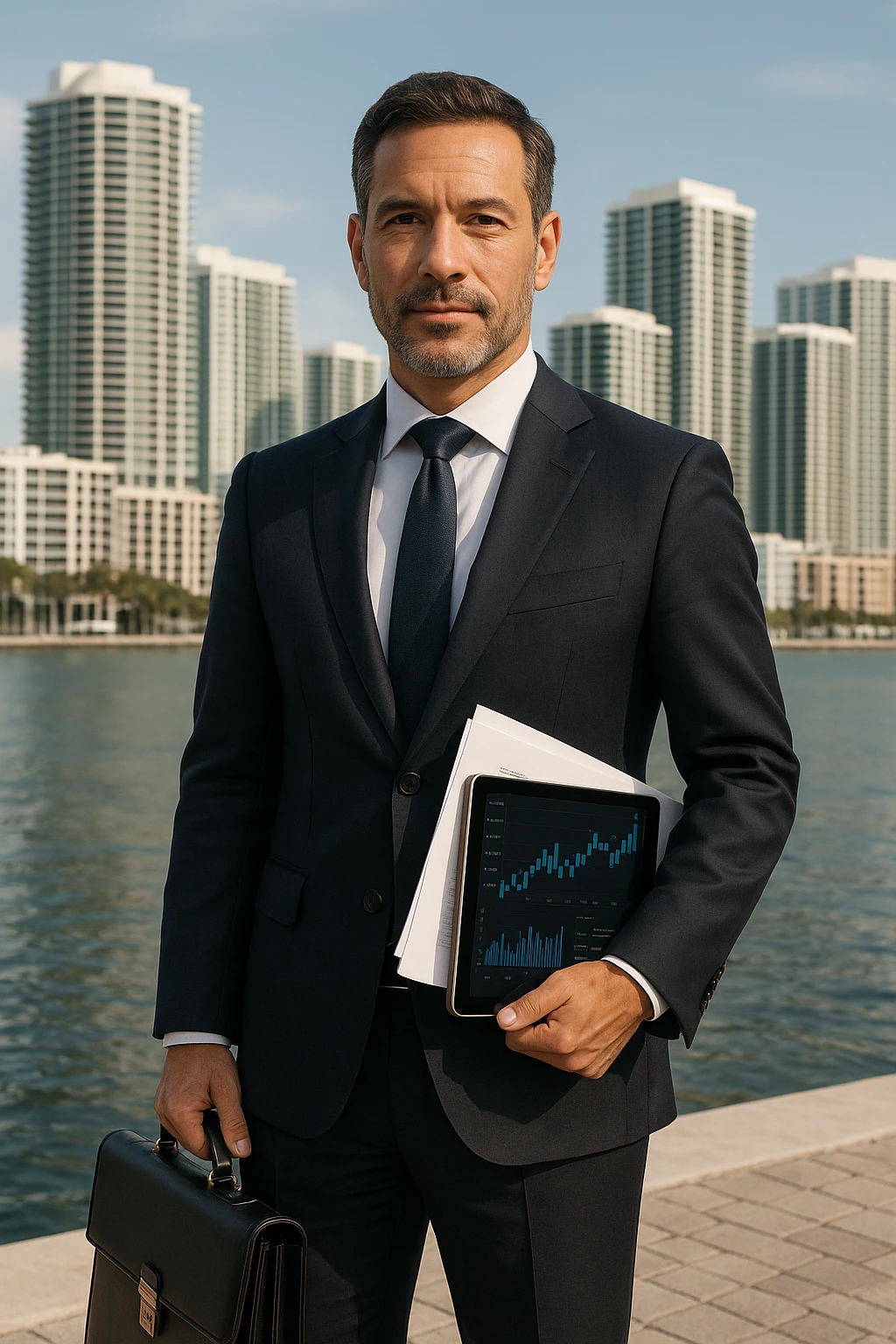 Foto hiper realista que refleje a nuestro cliente ideal de real estate: Empresarios y propietarios internacionales que necesitan vender, reinvertir o diversificar su portafolio en propiedades residenciales o comerciales en Miami, con absoluta confidencialidad y criterio. emoji