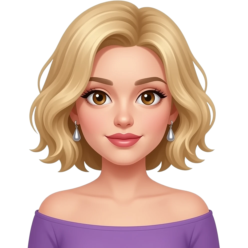 white girl, very beautiful woman, with big plump lips, long long lashes, short wavy  messy blonde hair, brown eyes, purple off-shoulder top, silver humming bird earrings emoji