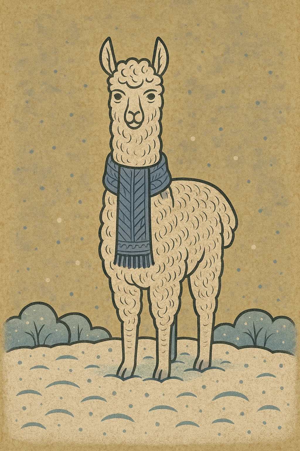 Alpaca toy wearing a knitted scarf in snow. emoji