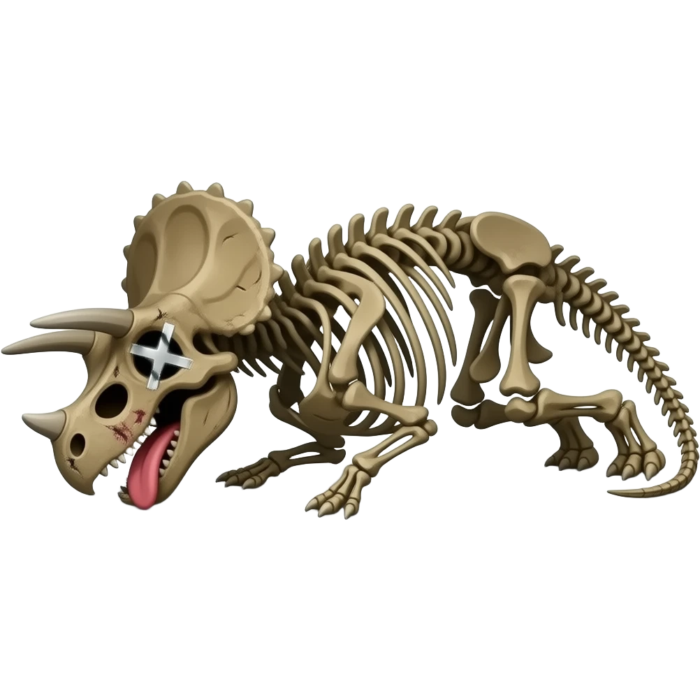 a dead triceratops laying on its side.  It has been chewed up and has visible ribs and x's over its eye, with its tongue hanging out emoji
