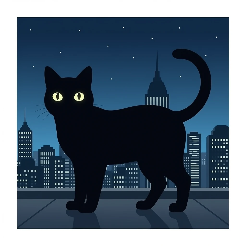 Dark cat silhouette in the night with glowing Eyes in the cityscape scenery emoji