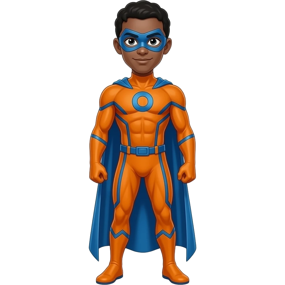 Anime men brown skin orange superhero suite very skinny blue line blue masks letters O full body emoji