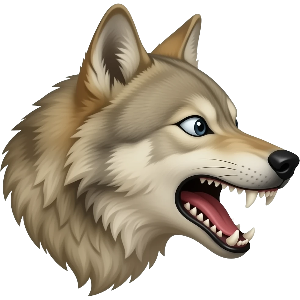 Baring fangs beige wolf head realistic look mostly aggressive Turn sideways terrified emoji