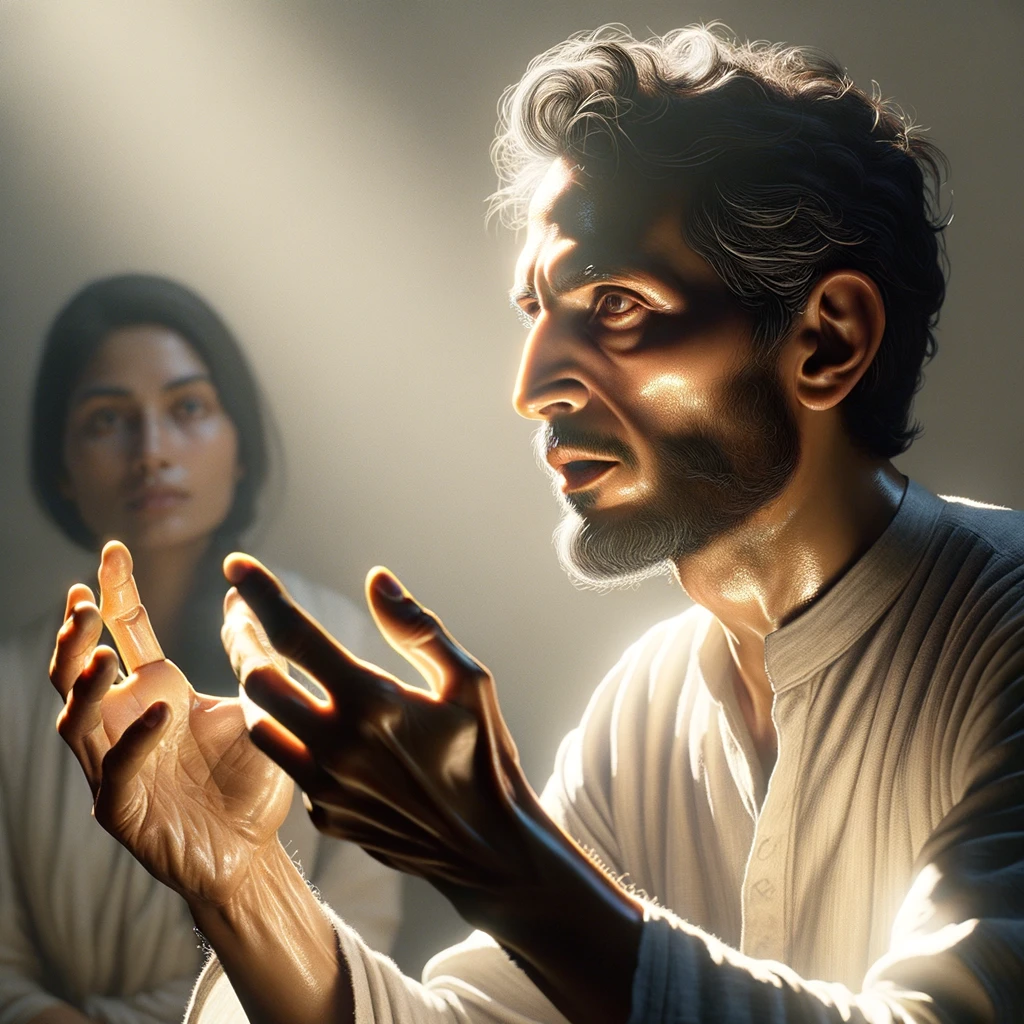  in a bright, softly lit room with a light background, a person is speaking with expressive gestures and a focused expression. In the foreground, another person is seen from behind, listening attentively. The details of hair, skin, and clothing are crisp and lifelike, with subtle reflections and natural shadows. The overall mood is calm and intimate. emoji