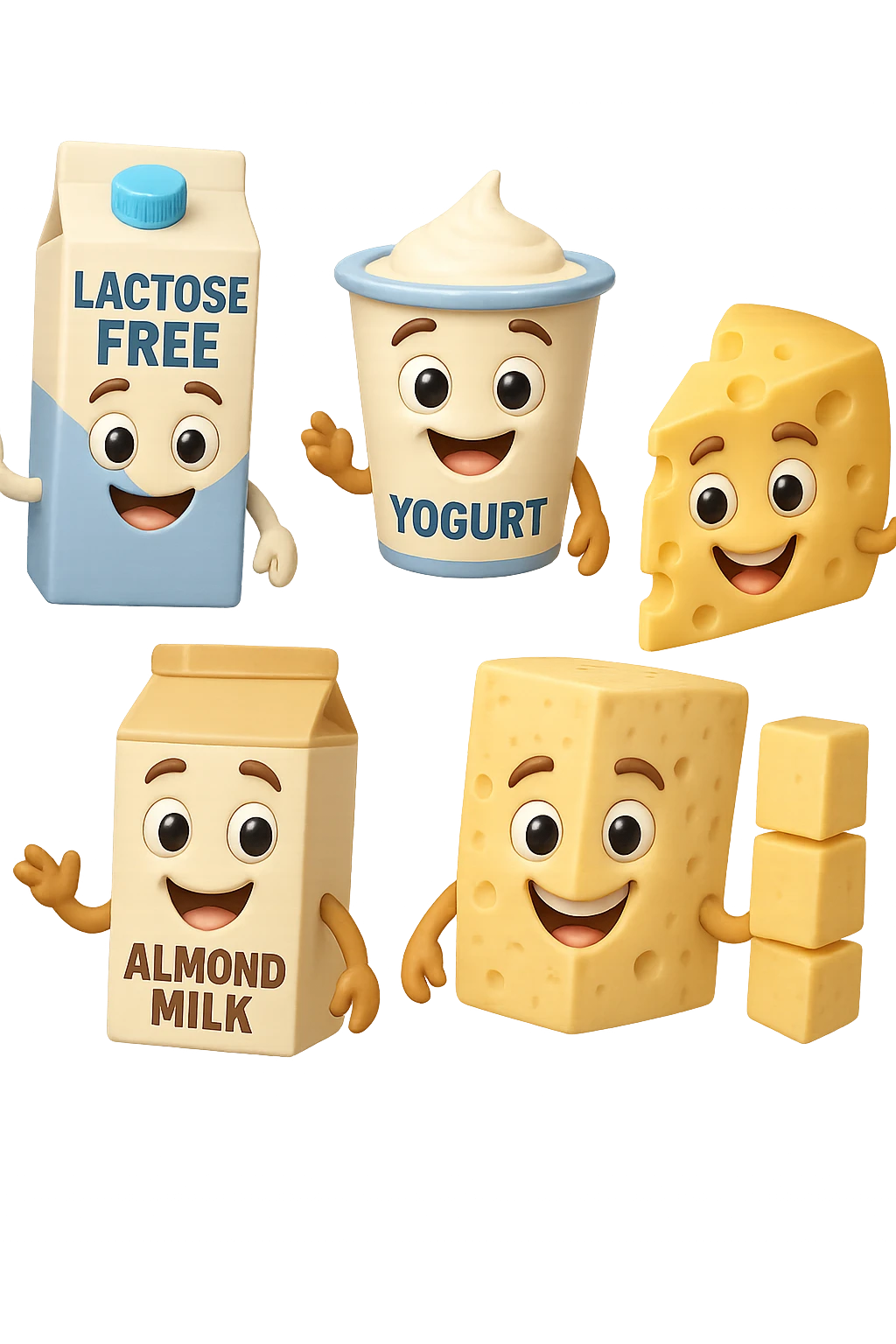 emoji stile iphone 3d di Latte e yogurt delattosati
Latte di mandorla (non zuccherato)
Latte di soia da proteine isolate
Formaggi stagionati (es. parmigiano)
Tofu compatto e tempeh
 che fluttuano in aria, iperealistico 4k emoji