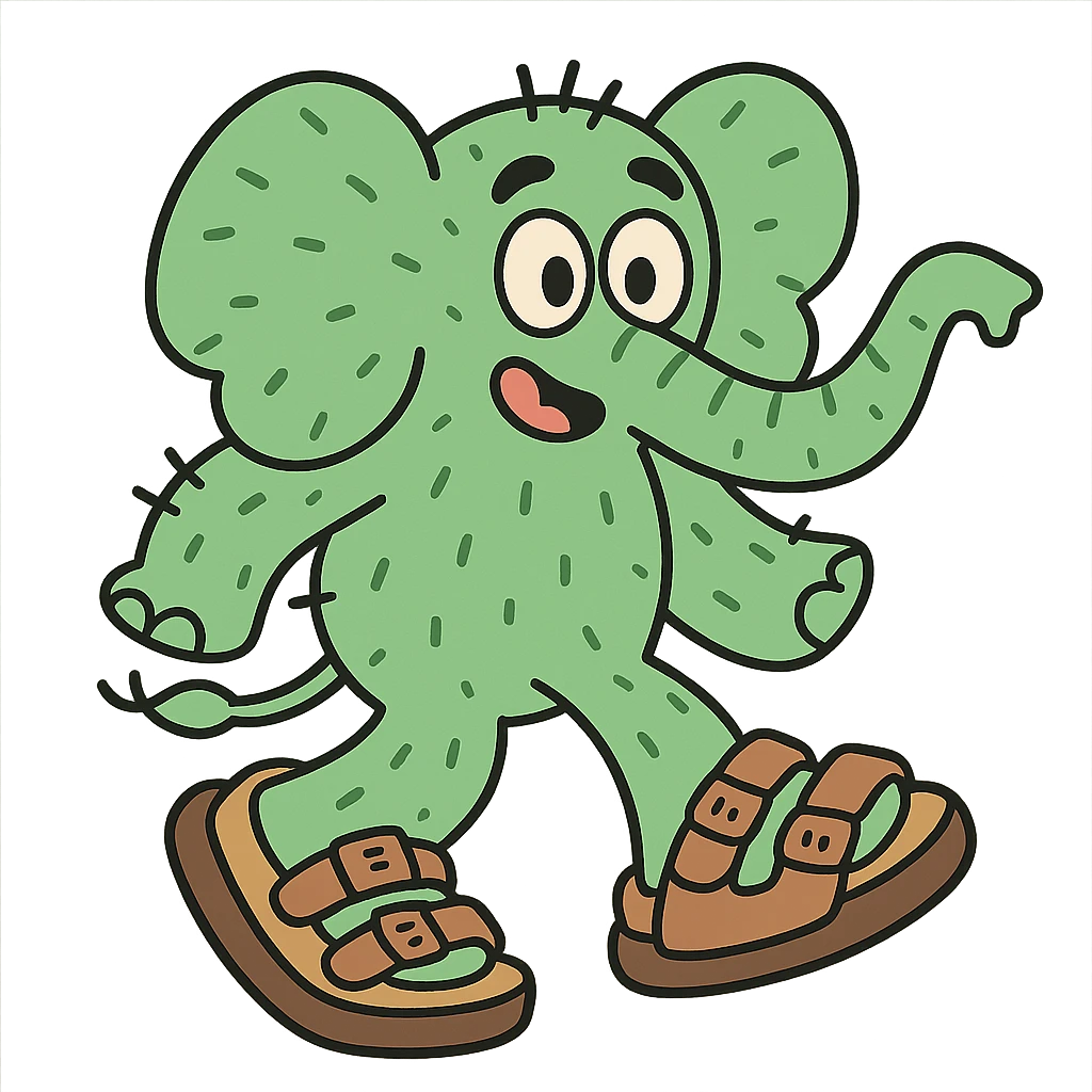 Larili Larila, cactus-skinned elephant with big Birkenstock sandals emoji