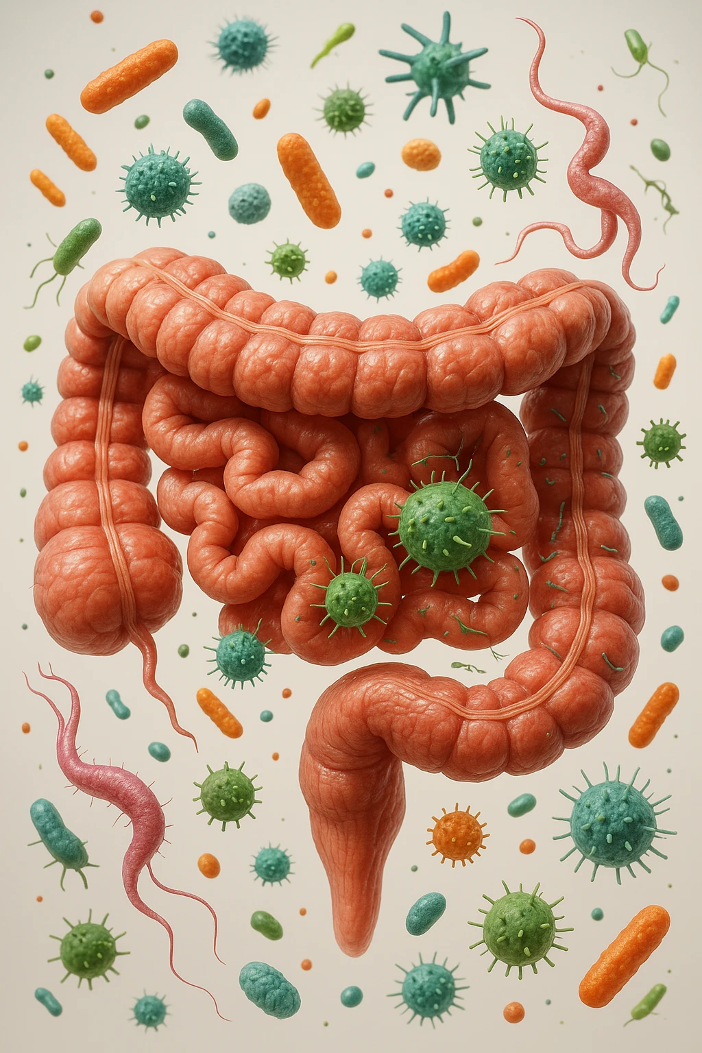 INTESTINO UMANO ANATOMICO CON BATTERI E PARASSITI INTORNO, SFONDO CHIARO NEUTRO, IPERREALISTICO 4K emoji