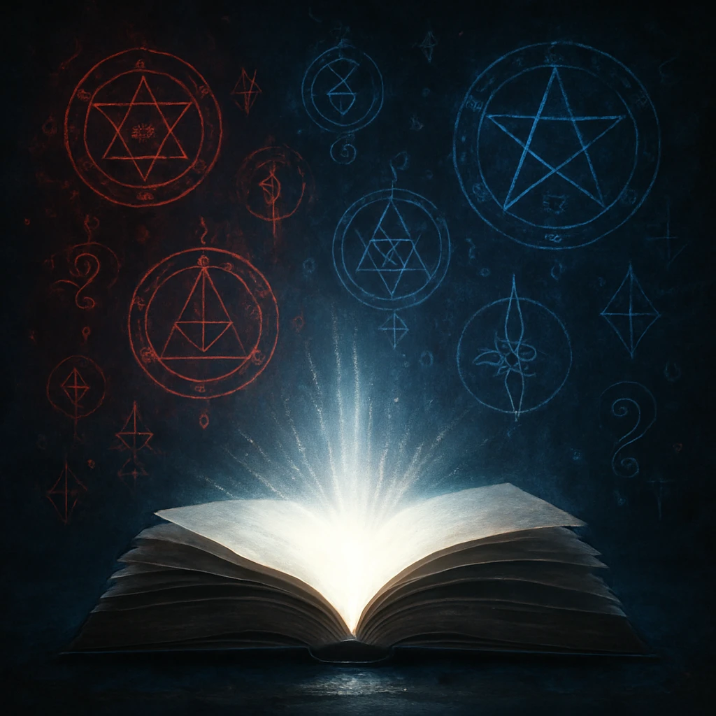open book with white light coming out of the pages, surrounded by symbols in red and dark blue, dramatic style emoji