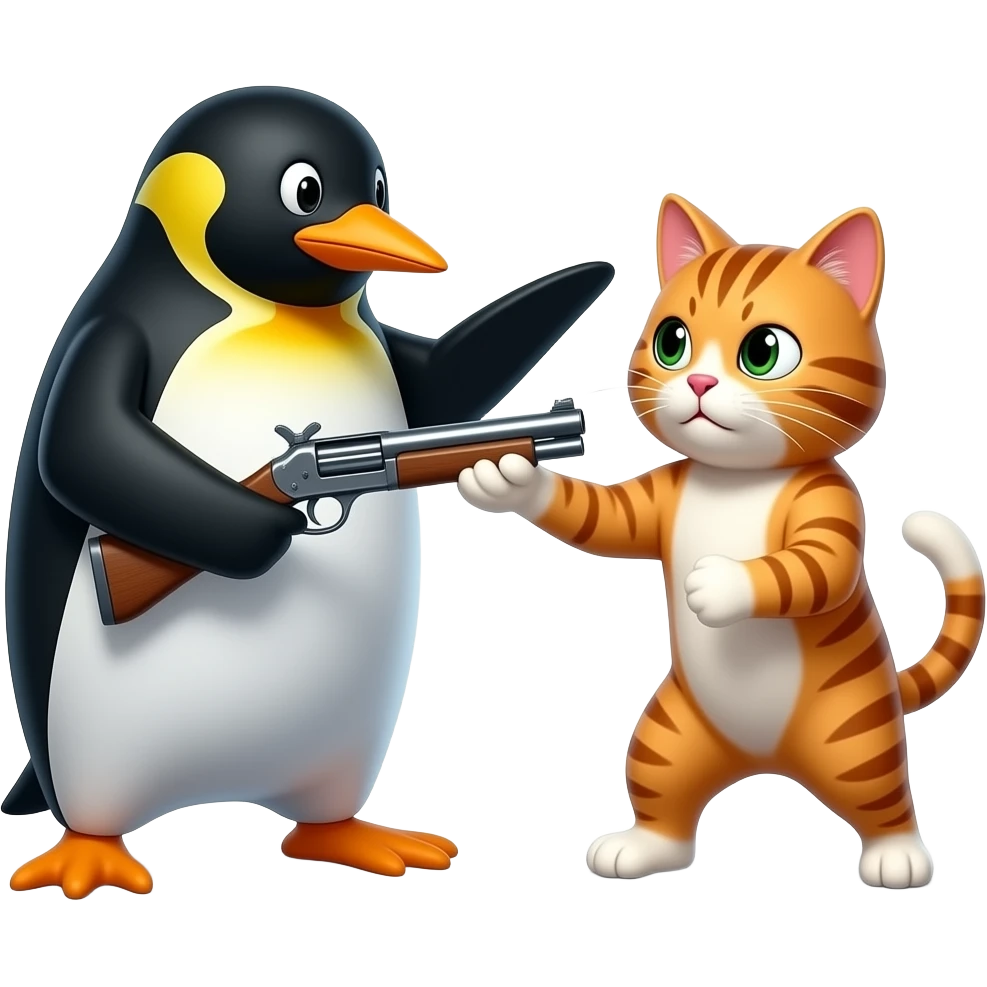 Penguen ile kedi tabanca ile savaşıyor emoji