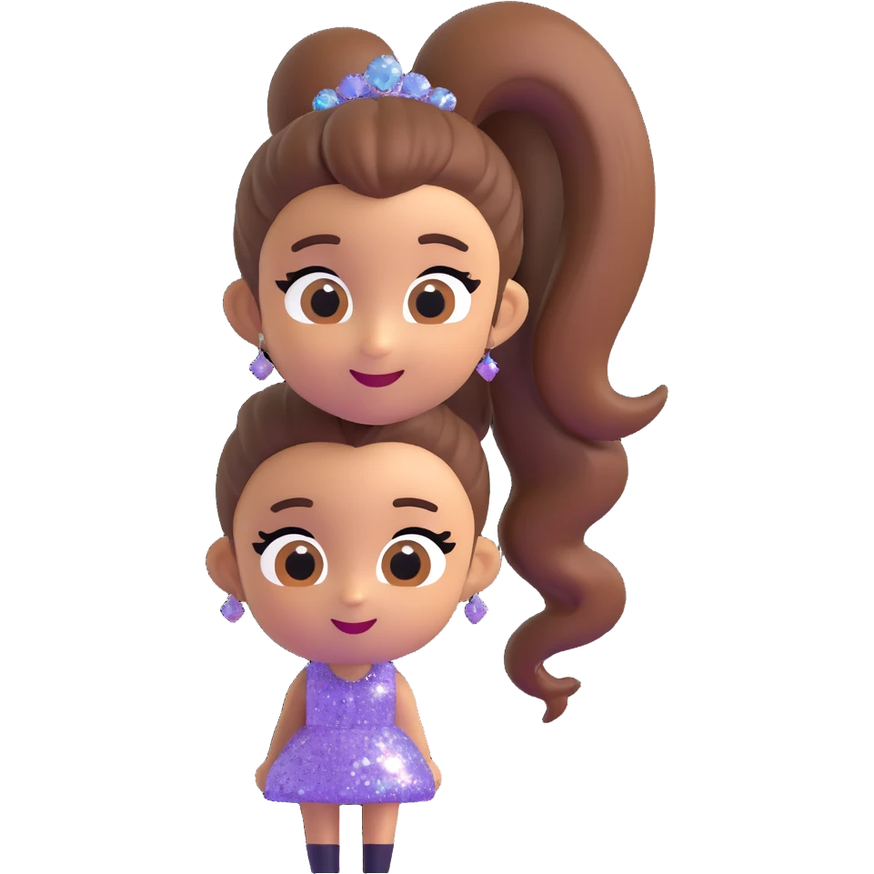 Ariana Grande 3D emoji style with high ponytail, big eyes, smiling, wearing a sparkly dress emoji