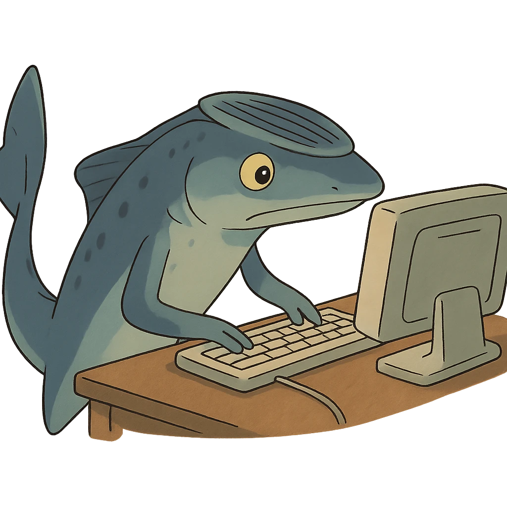ghibli style remora fish at a computer emoji