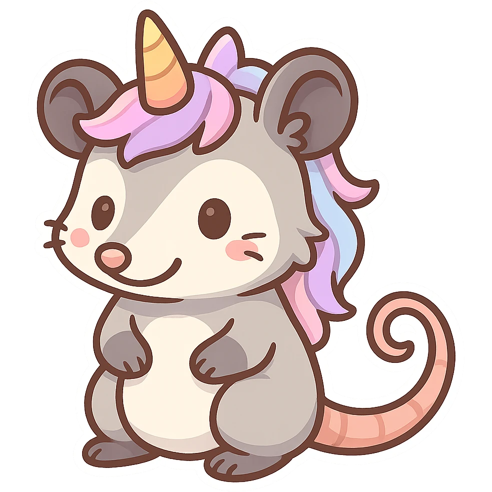 cute cartoon possum dressed up like a unicorn, chibi stickers style emoji