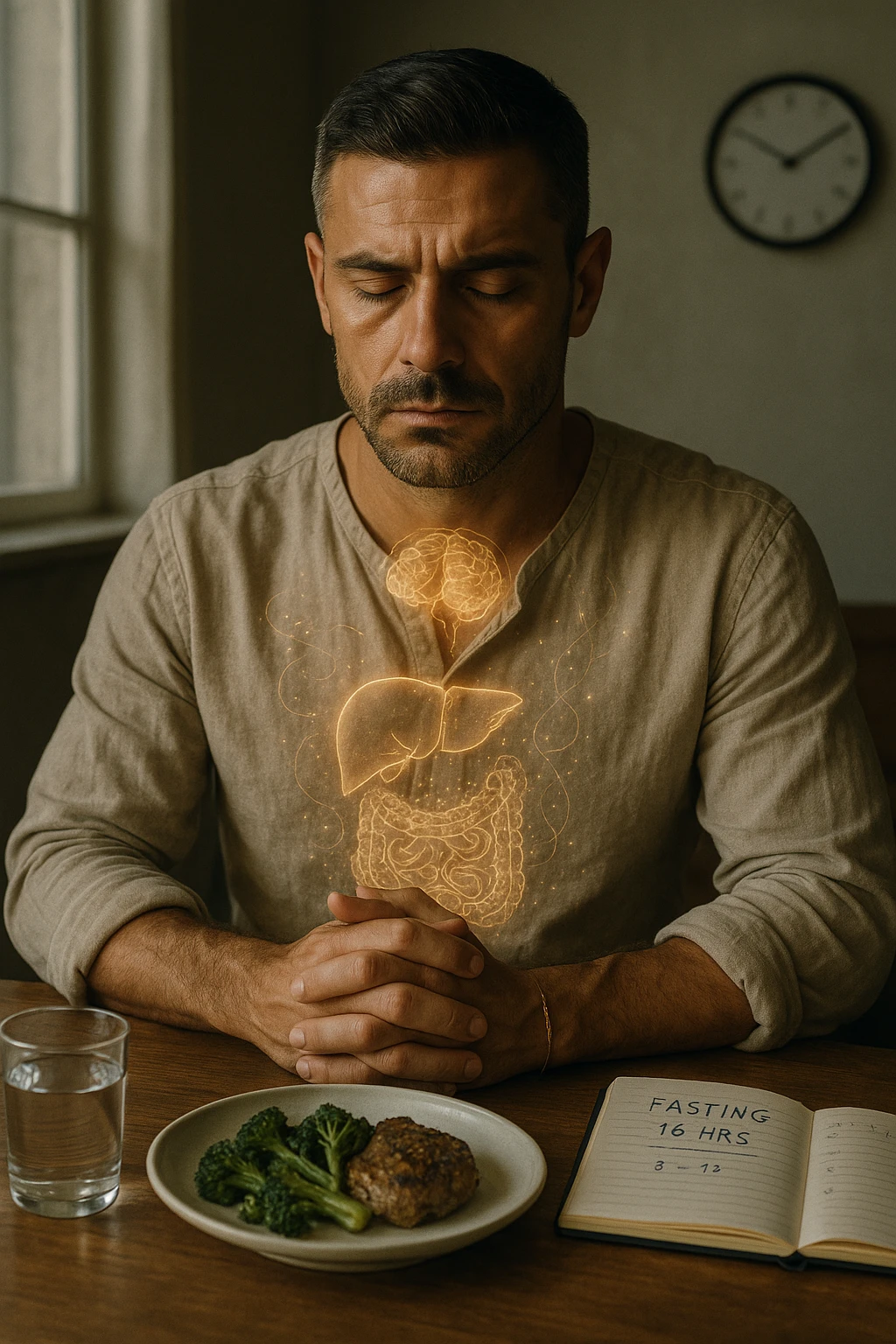 A cinematic close-up of a focused man in his mid-30s with slight beard and tired but determined eyes, sitting alone at a simple wooden table with an untouched plate of food in front of him. His hands are clasped, fingers interlocked in a meditative position over his lower abdomen, symbolizing willpower and internal balance. He wears a lightweight natural fiber shirt, sleeves rolled up. The lighting is soft and natural, early morning light coming from a nearby window. Around him, visual cues of cellular regeneration — faint glowing patterns subtly overlaying his body, especially near the liver, gut, and brain, suggesting autophagy and deep healing. The room is minimalist: a glass of water, a notebook with fasting hours, and a clock in the background ticking calmly. The tone is serene, intentional, and deeply introspective. Shot in 35mm cinematic style, warm highlights and clean shadows. emoji