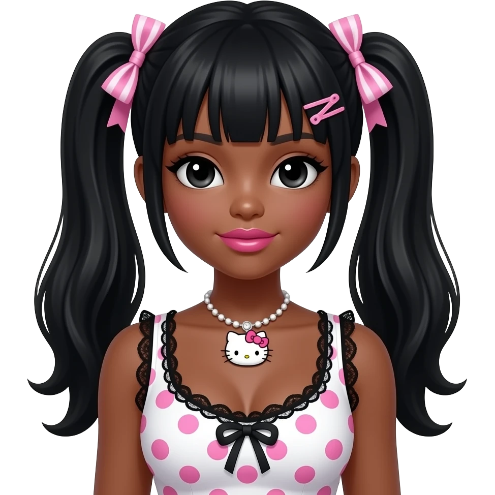 black girl, pink lips, my melody hairclip, dark brown skin, Doll faced shaped, hello kitty necklace, bimbo, black doll eyes, Big lips, long black hair, with white or black lace pink polka dots with gyaru sleeveless shirt, with hime gyaru bows, big breast emoji