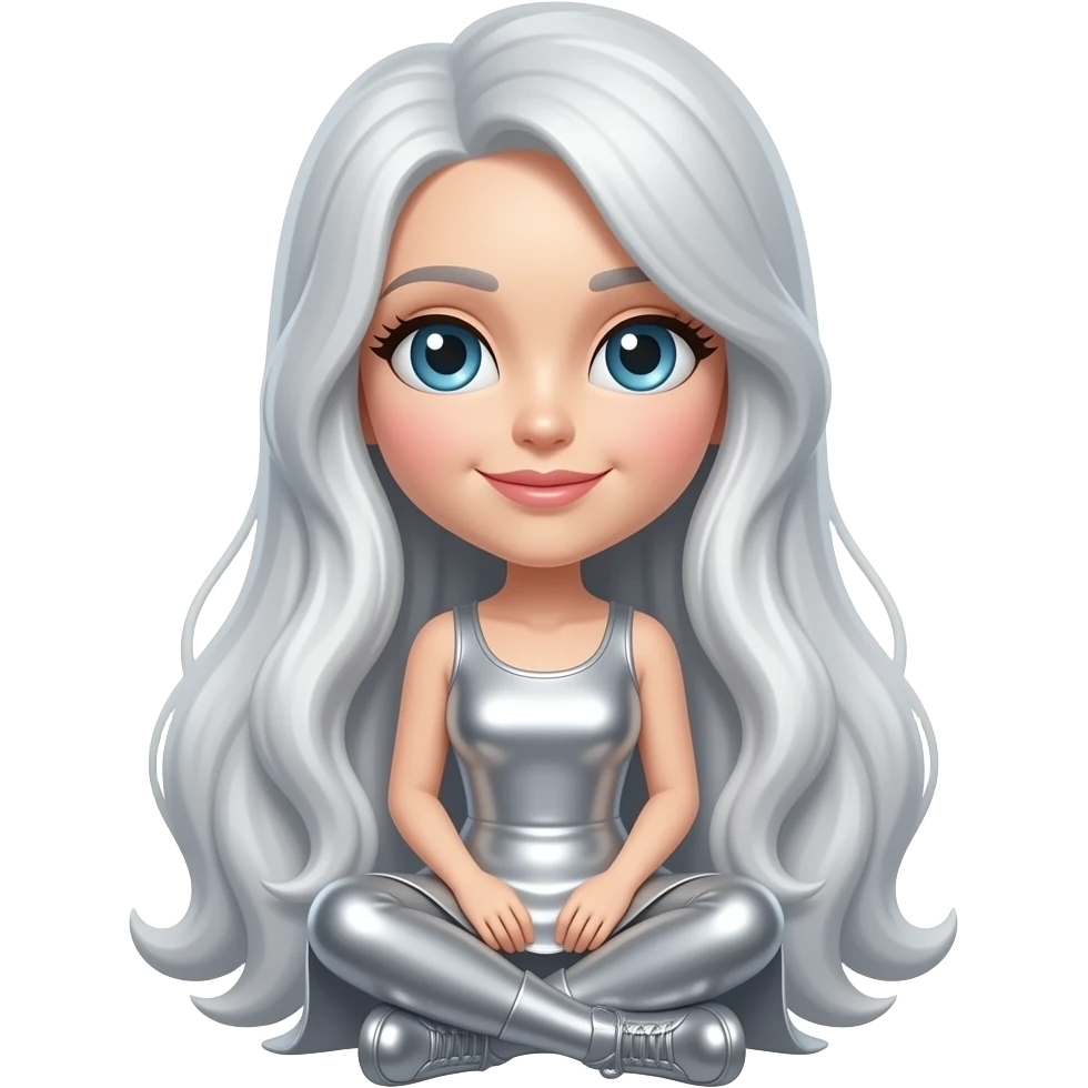 Create an emoji of a seated female figure in metallic silver. The woman has heart eyes. The background is white. The final result must have maximum resolution, high contrast, and extreme sharpness. Illustration style: Vintage – Art Deco – 2D emoji