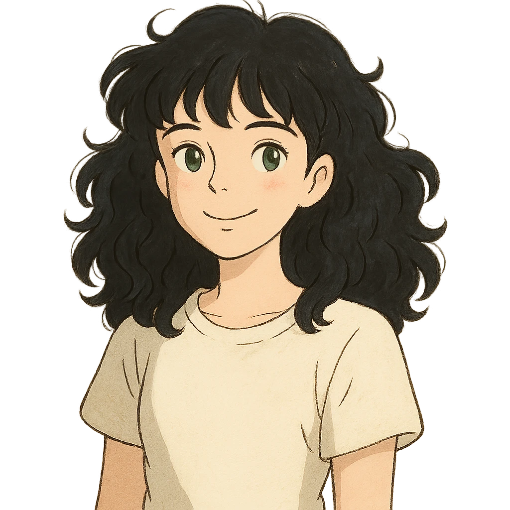 girl with thick dark black wavy curly hair almond green eyes pale skin smiling wearing white shirt emoji