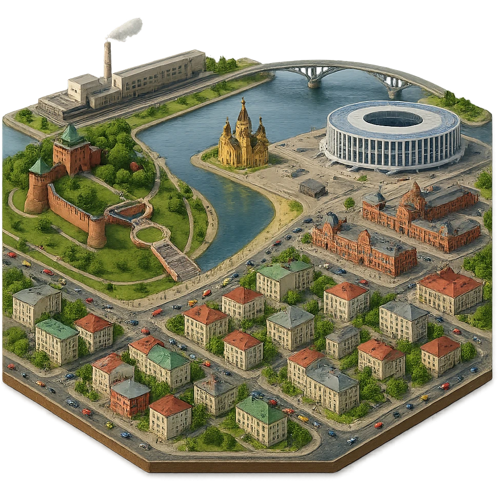 Изометричная миниатюрная фотореалистичная 3D модель панорамы Нижнего Новгорода - Нижегородский Кремль, Стрелка между Окой и Волгой, стадион Нижний Новгород, ГАЗ, Чкаловская лестница, Борский Мост через Волгу, Нижегородская ярмарка, немного нижегородских домов, автотранспорт четкие линии, яркие цвета, люди, компактная композиция, вид сверху в изометрии, прозрачный фон emoji
