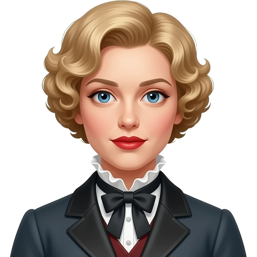 Victorian look with blonde short tight curls hair side swept, Victorian outfit with red lipstick emoji