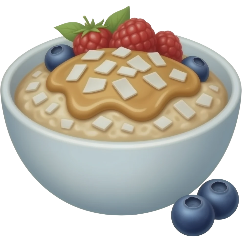 bowl of oatmeal with peanut butter, coconut flakes, blueberries and raspberries and blueberries near the bowl emoji