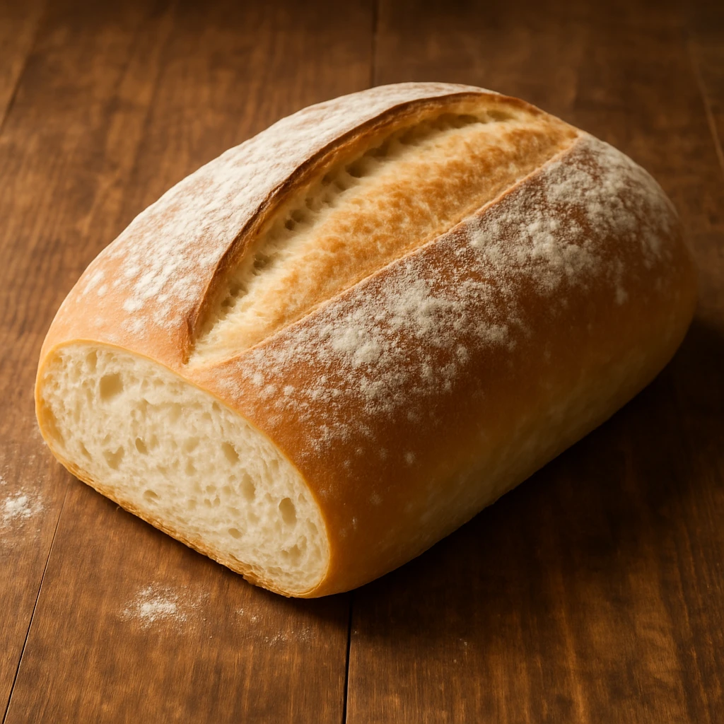 realistic Italian bakery style white bread, soft crust, fluffy interior, whole loaf with a dusting of flour emoji