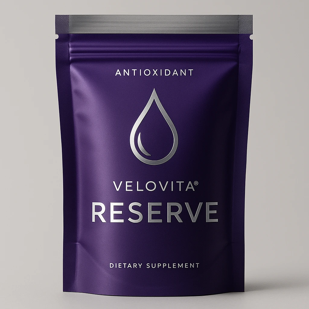 A modern, elegant purple supplement pouch with shiny silver highlights and a simple droplet logo, evoking a premium antioxidant product like VELOVITA® RESERVE. emoji